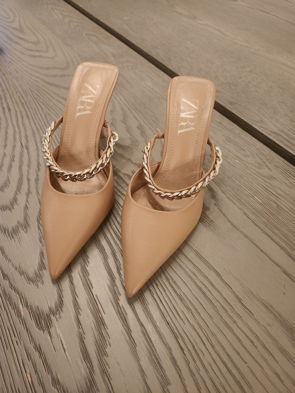 ZARA | Tan Pointed Toe Mules with Gold Chain Strap